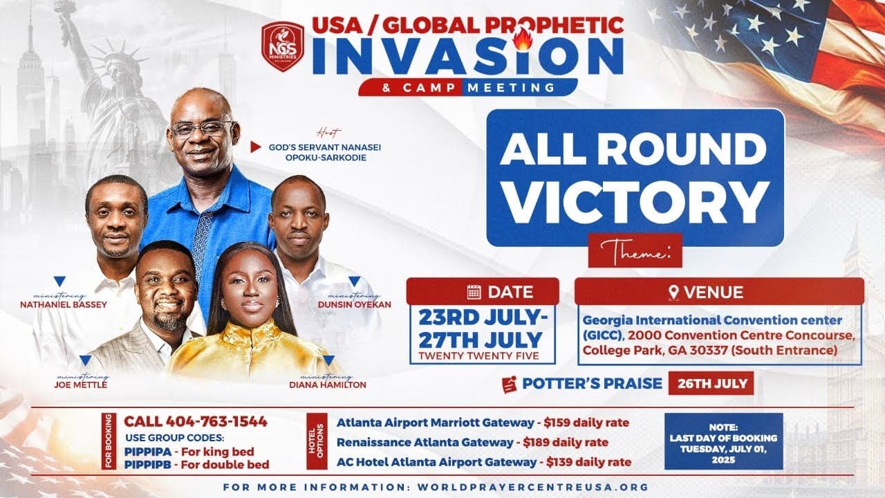Flyer: USA Global Prophetic Invasion, College Park, GA, Jul 23–27, 2025. Theme: All Round Victory.