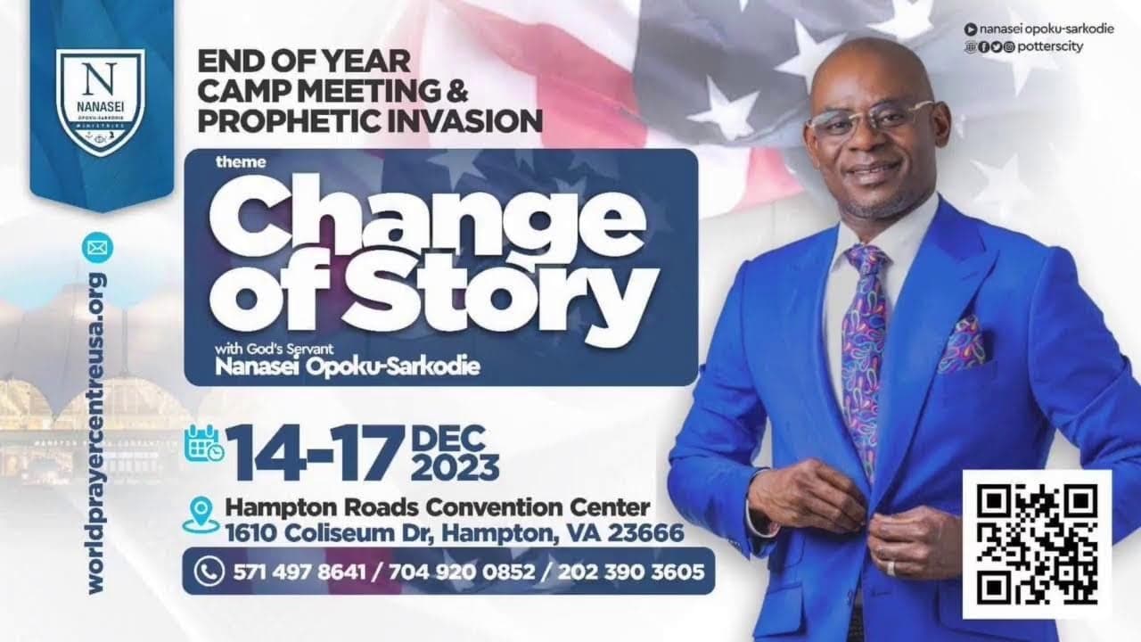 Flyer: USA Prophetic Invasion, Hampton, VA, Dec 14–17, 2023. Theme: Change of Story.